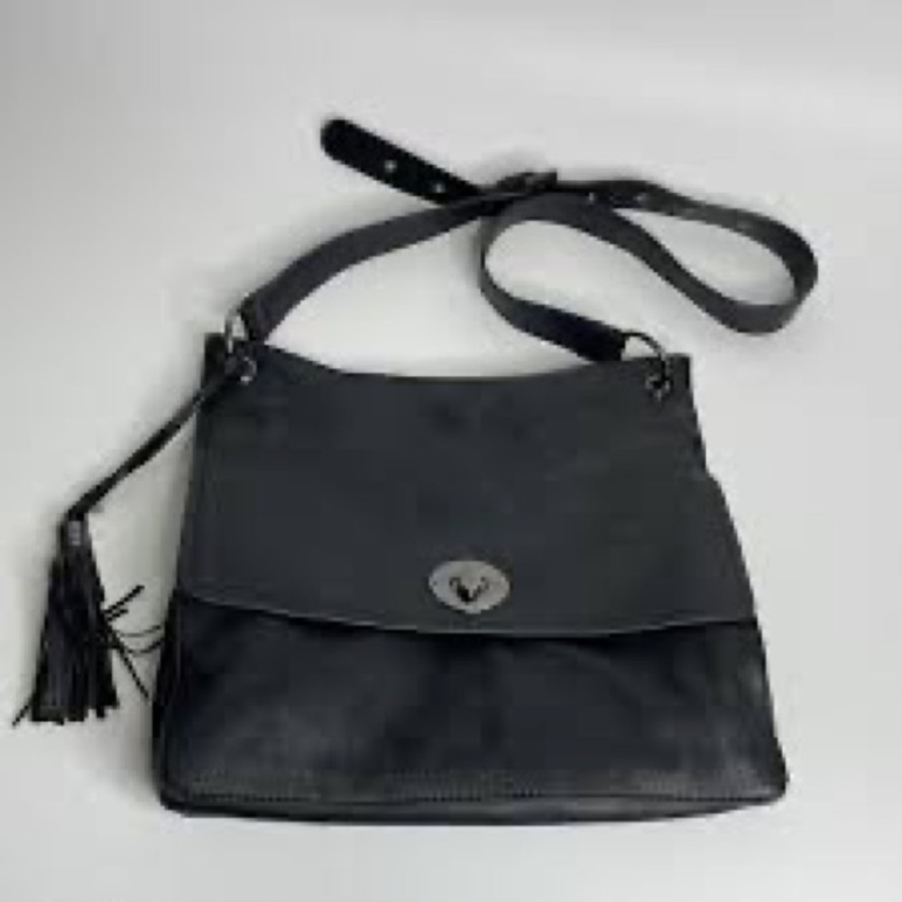Rachel Roy Soft Black Leather Accordion Crossbody Bag Pewter Hardware